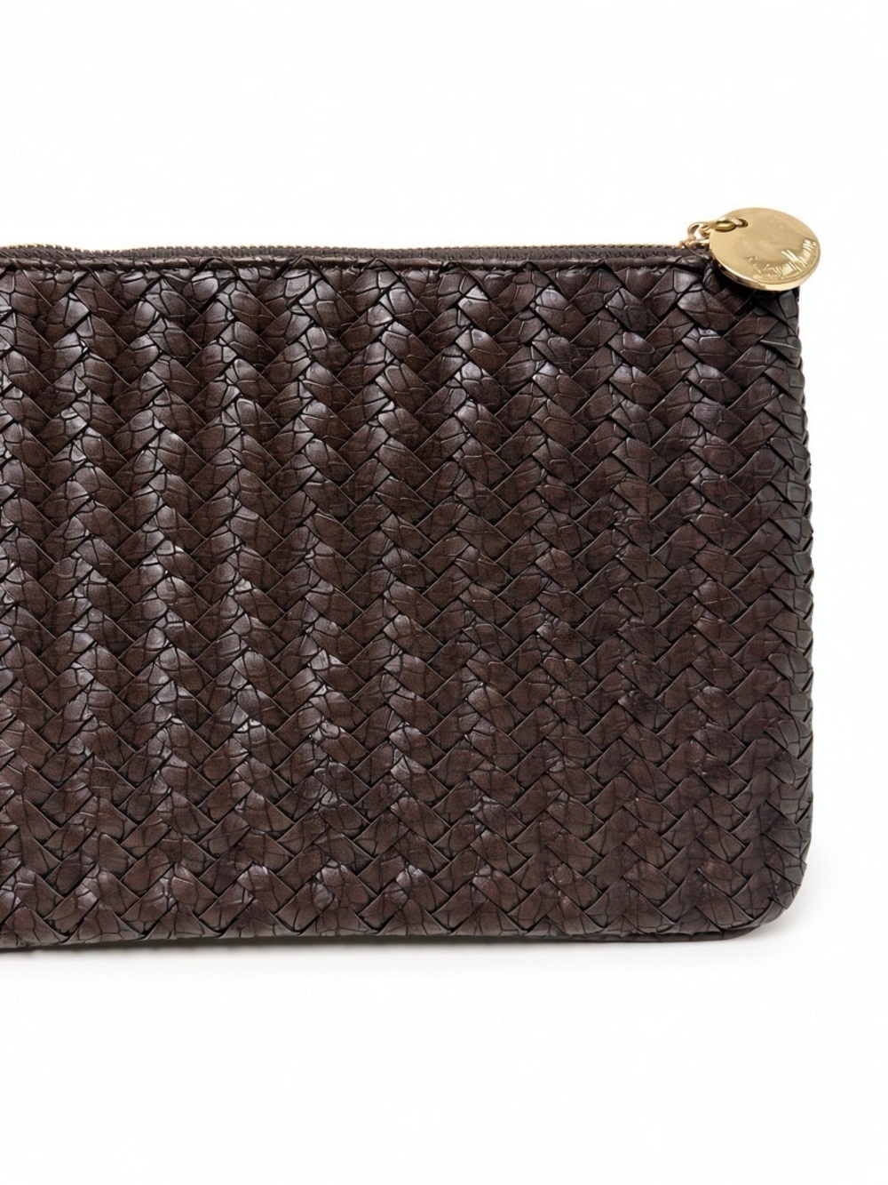 Neiman Marcus Woven Leather Cosmetic Pouch - Dark Brown with Gold Accent
